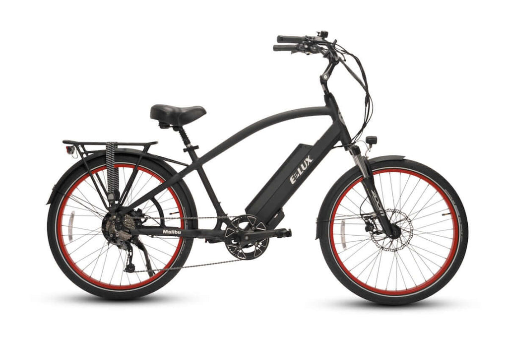 E-Lux Malibu Hybrid Electric Bike Matte Black with Red Rims